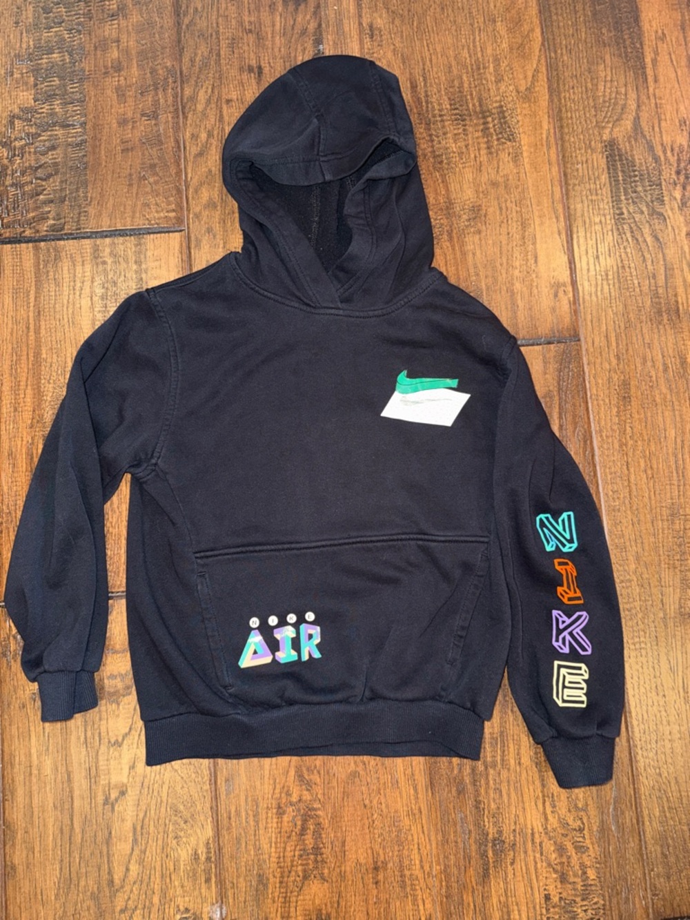 Nike Black Hoodie with Multicolor AIR & Sleeve Lettering. BOYS SIZE M.